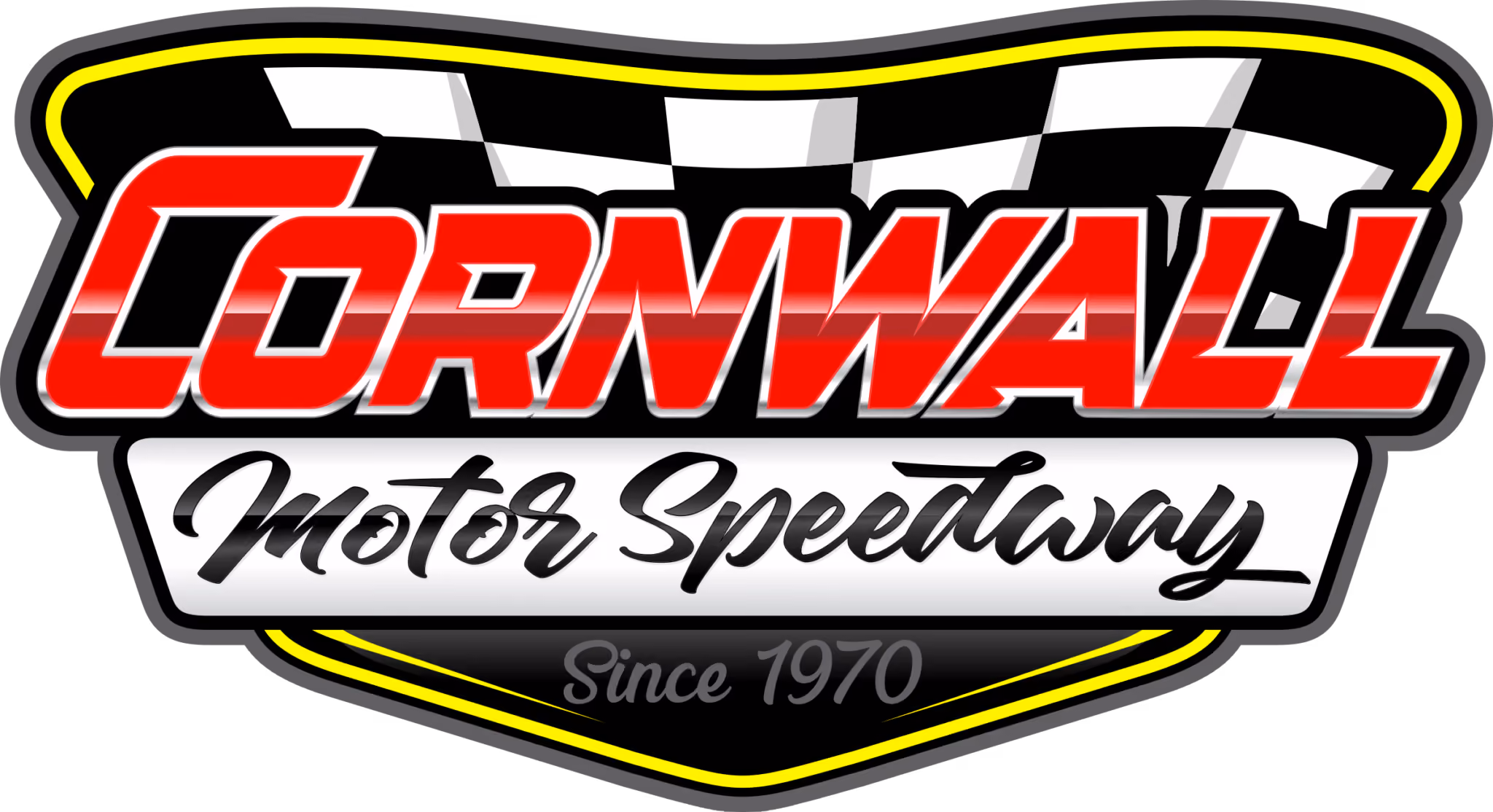 Cornwall Motor Speedway logo with checkered flag and text Since 1970 in shield shape.