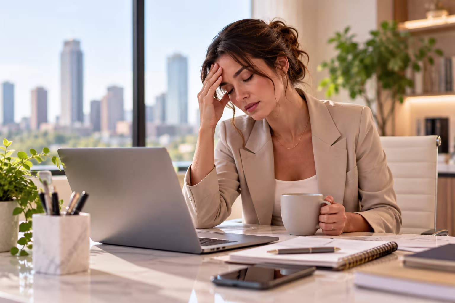 Tired professional at a desk in Tulsa, Oklahoma, considering functional wellness and hormone testing