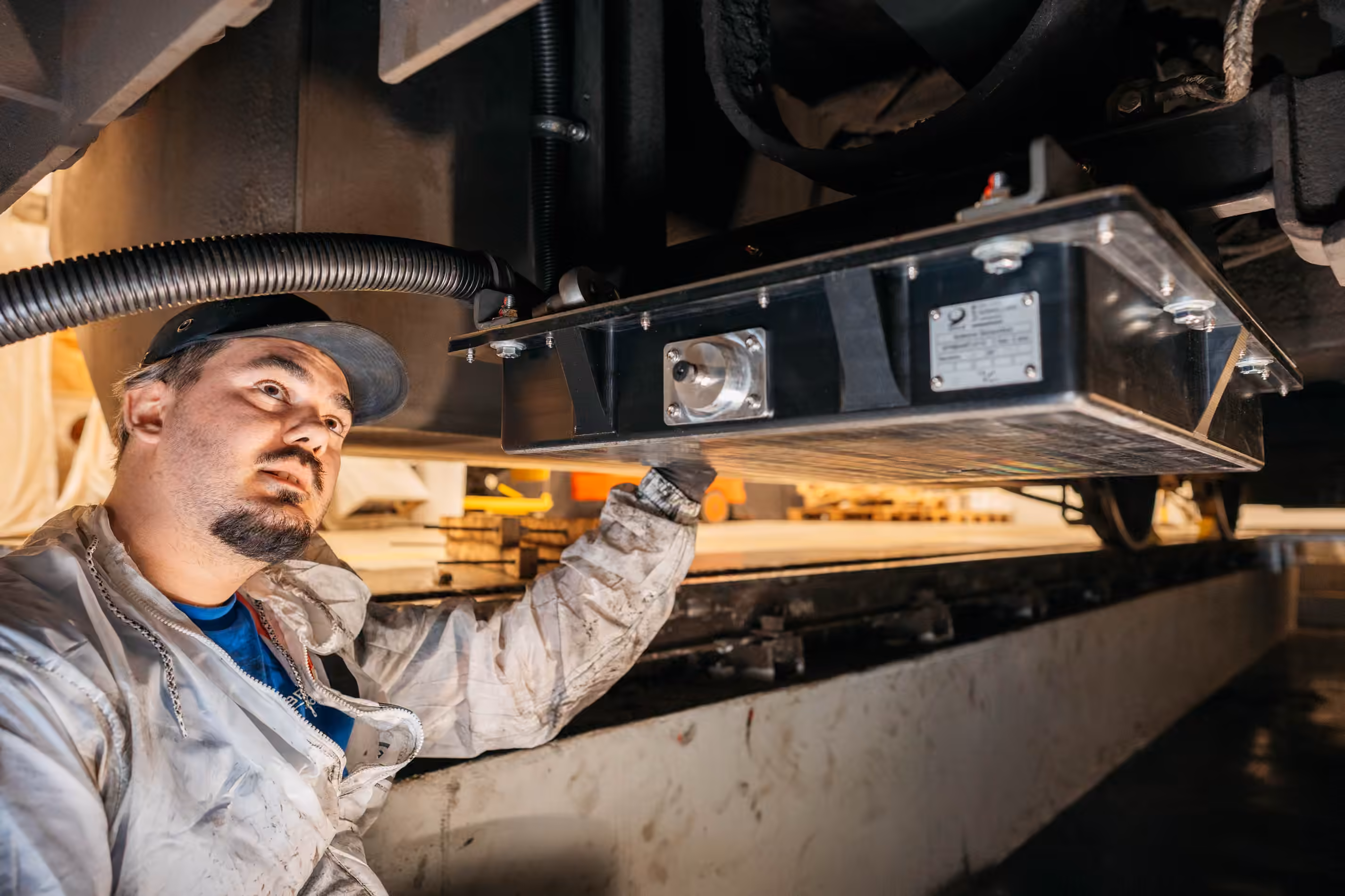 Engineer fitting a Euroantenna to the underframe of a train.