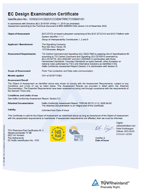 The Signalling Company ETCS certification, issued by TÜV Rheinland