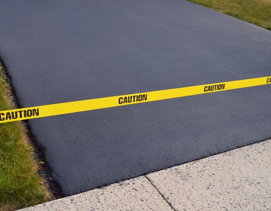 Newly installed asphalt driveway taped off with caution tape while it cures