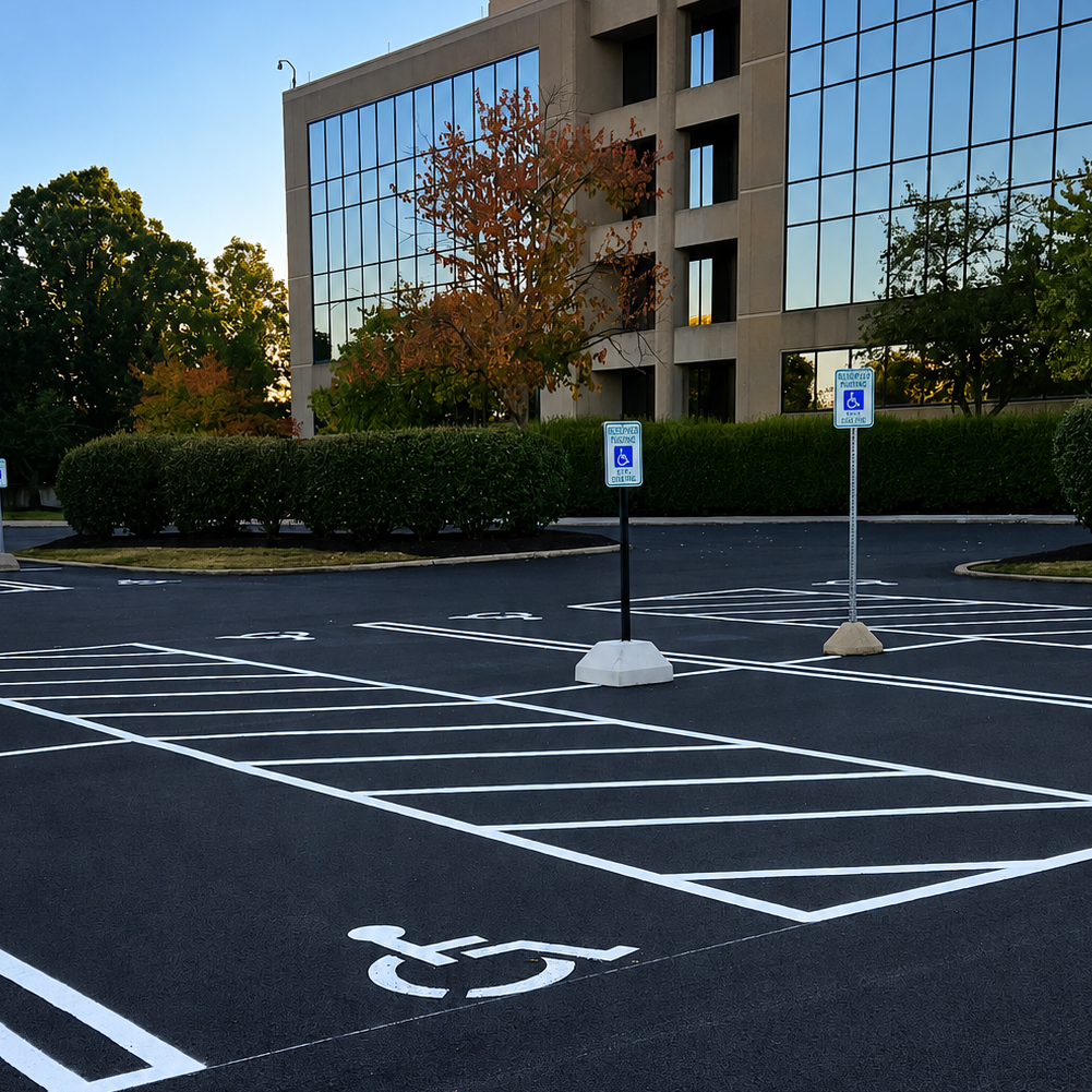 Commercial parking lot beside an office building, maintained by A&D Asphalt