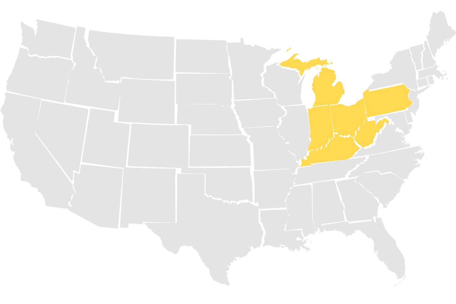 Map of the United States highlighting A&D Asphalt's service areas: Ohio, Michigan, Indiana, West Virginia, Pennsylvania, and Kentucky