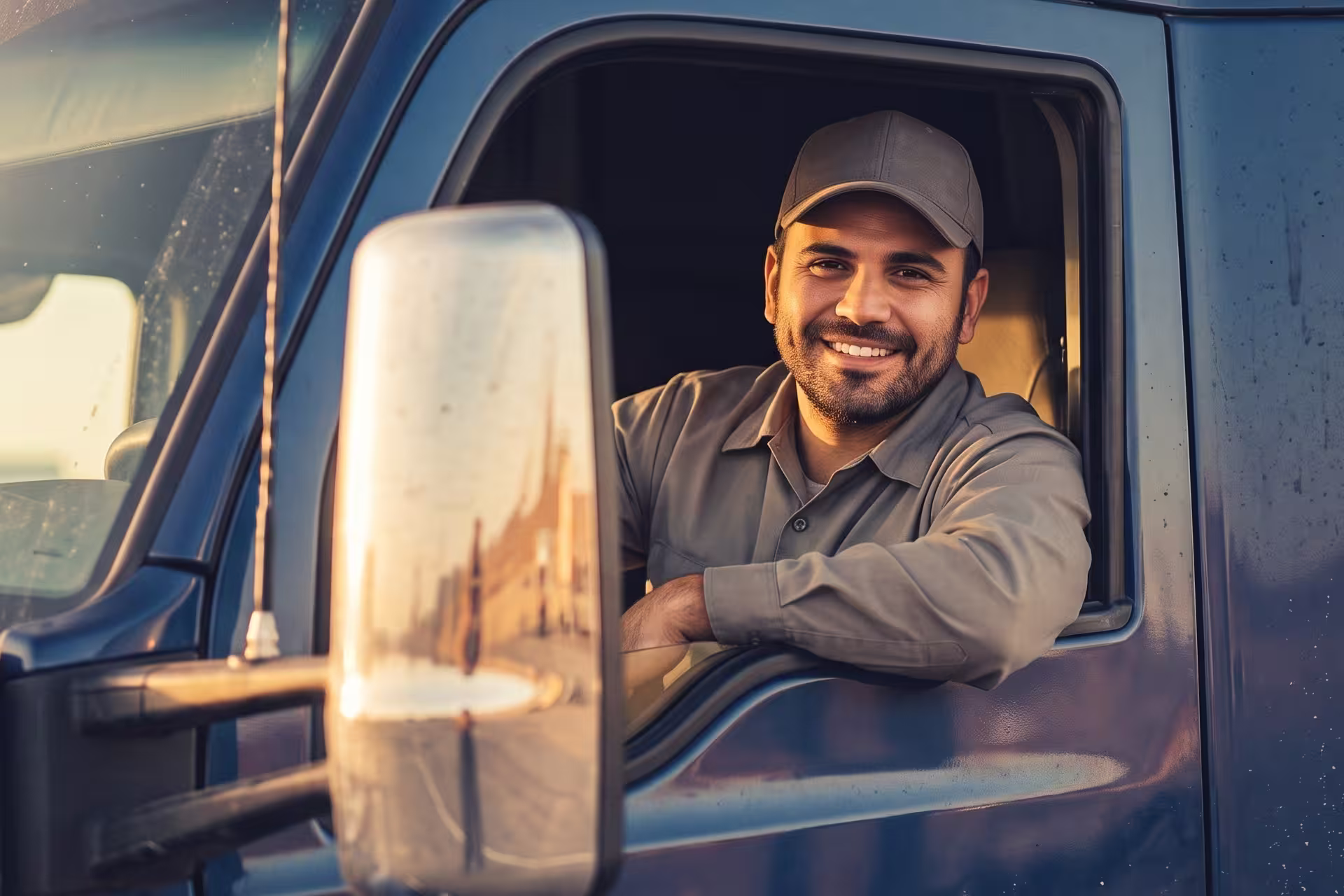 Smiling truck driver leaning out of his semi-truck's window