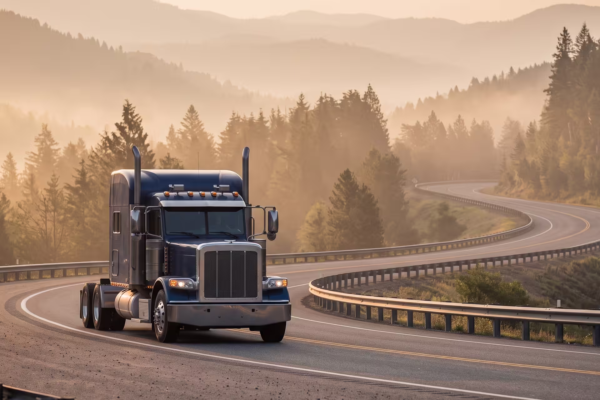 A truck on a winding forest highway at sunrise, with mountain ridges behind