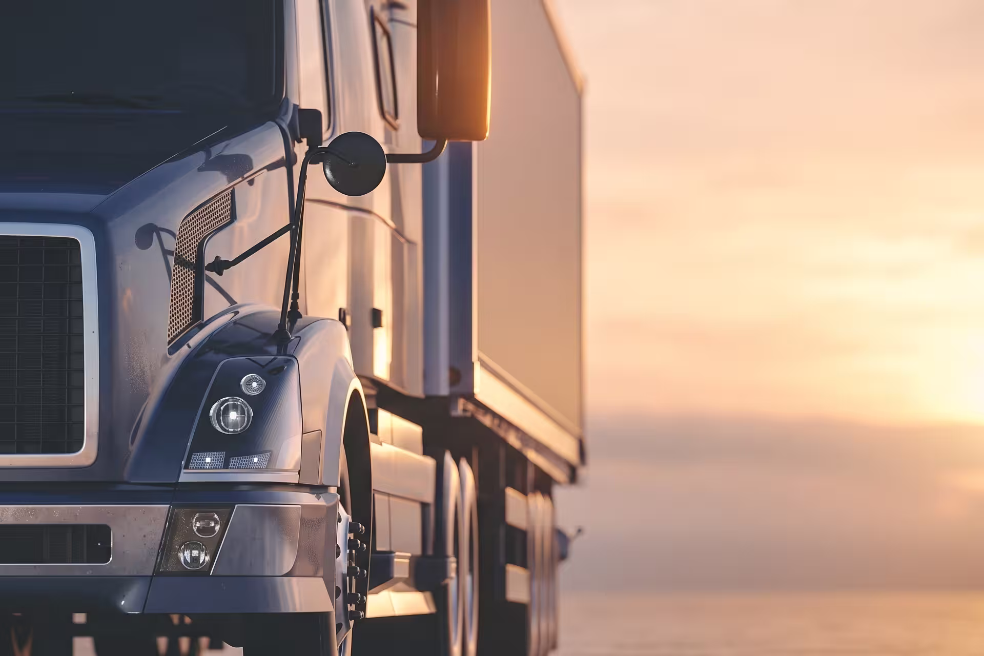 Close-up of a semi-truck cab and trailer against a sunset sky