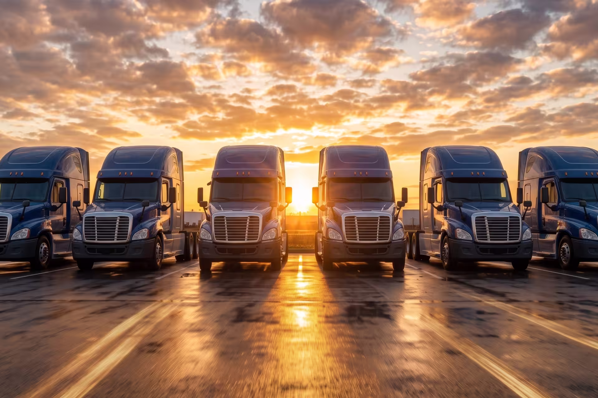 Row of blue semi-trucks parked side by side in a lot at sunset
