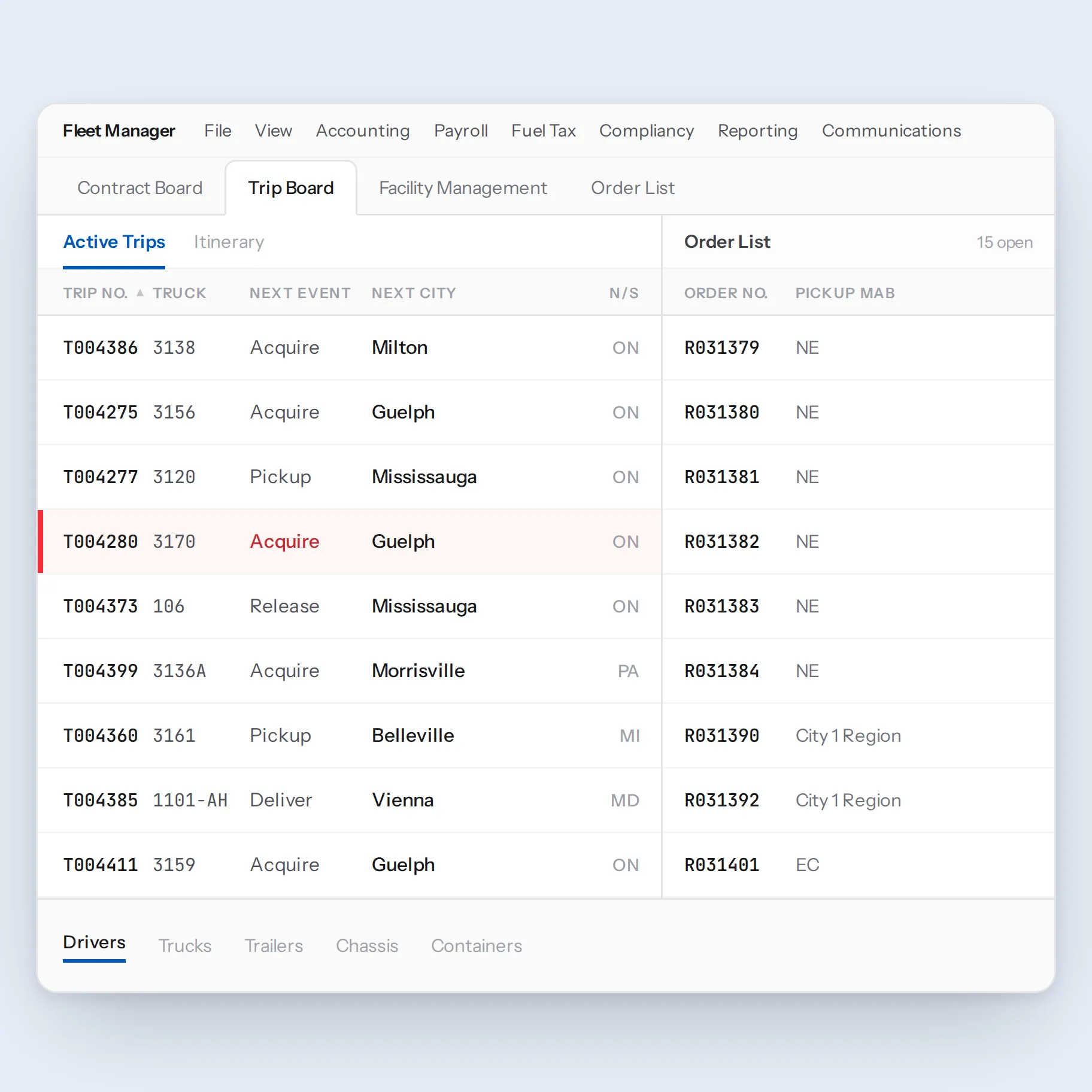 The TransPlus Fleet Manager dispatch workspace: a menu bar spanning accounting, payroll, fuel tax, compliancy and reporting, with the Trip Board, a docked Order List and fleet resource tabs open together in one window. One trip is flagged as an exception.