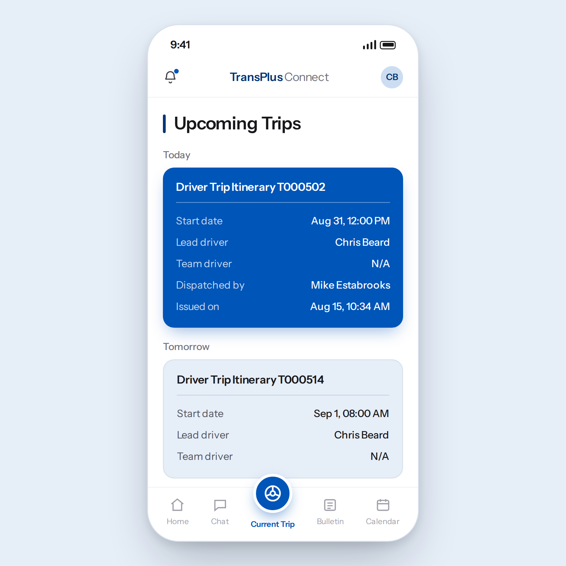 The TransPlus Connect driver app on a phone, showing a driver's upcoming trips: today's itinerary highlighted with its start date, lead driver and dispatcher, tomorrow's below it, and navigation for home, chat, current trip, bulletin and calendar.
