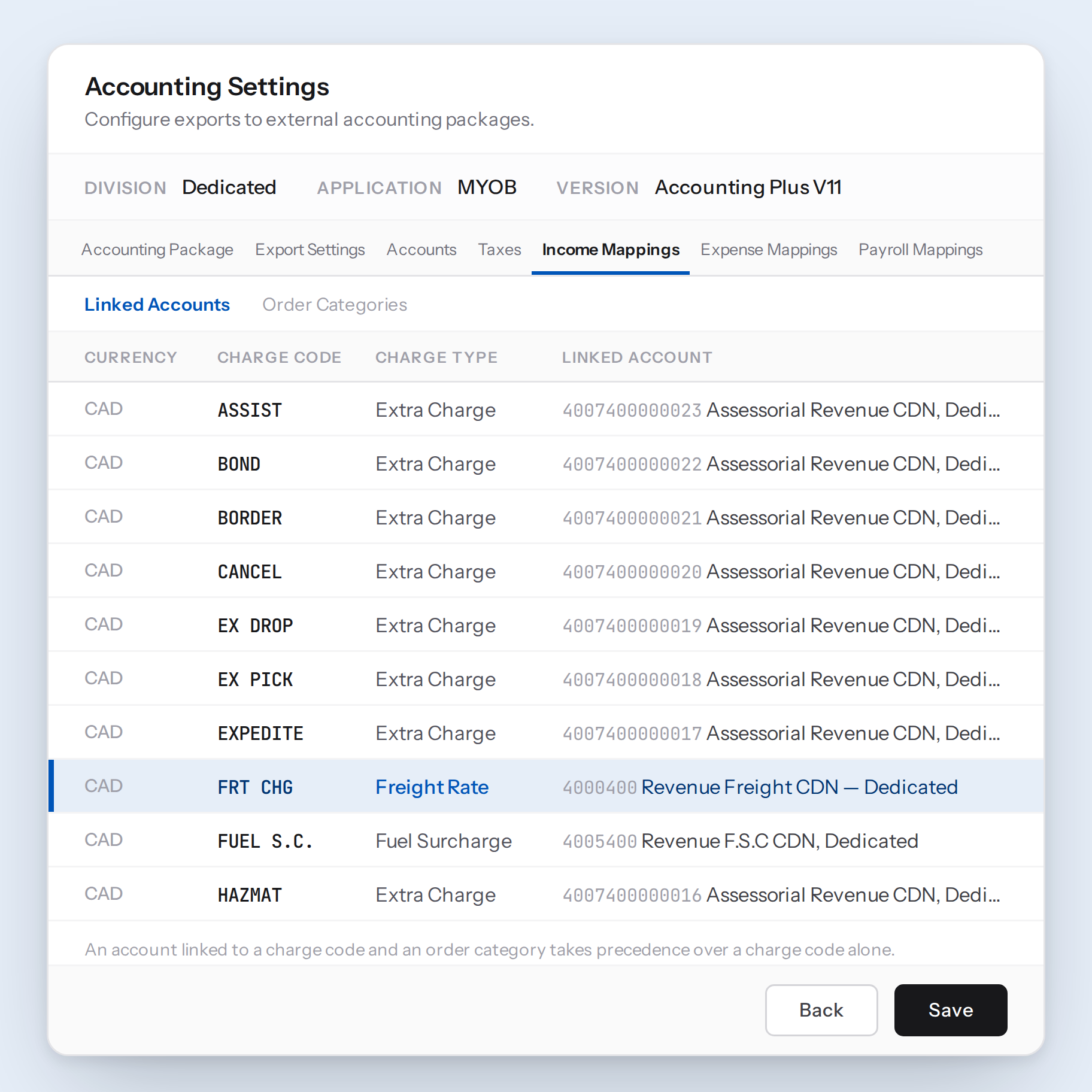 TransPlus accounting settings: every charge code mapped to a general ledger account for export to an external accounting package.