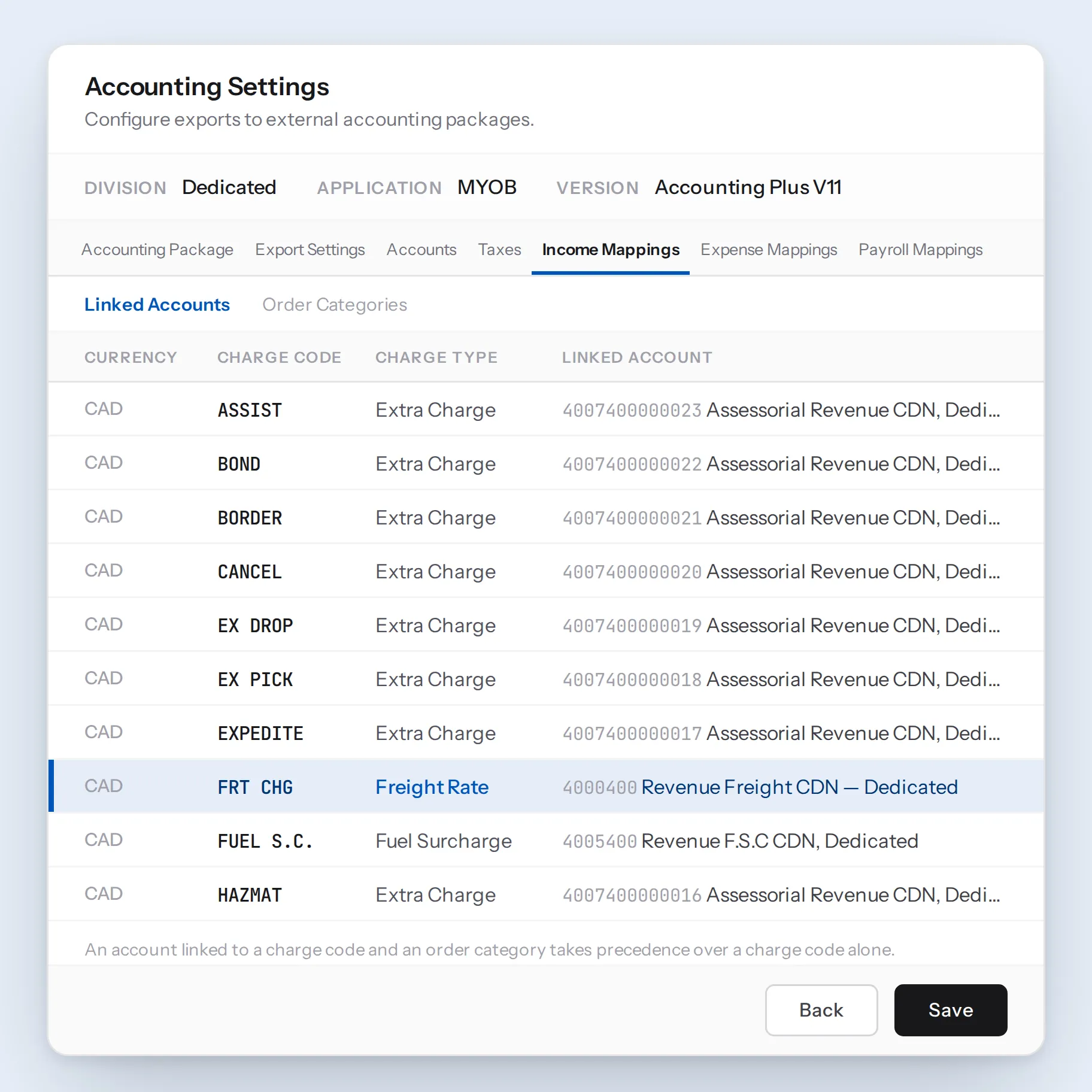 TransPlus accounting settings: every charge code mapped to a general ledger account for export to an external accounting package.