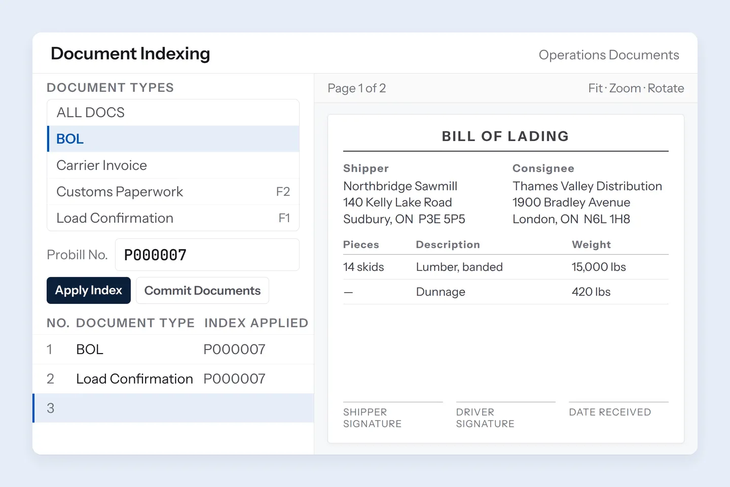 The TransPlus document indexing board: a scanned bill of lading in the preview, indexed to a probill so it files against the order.