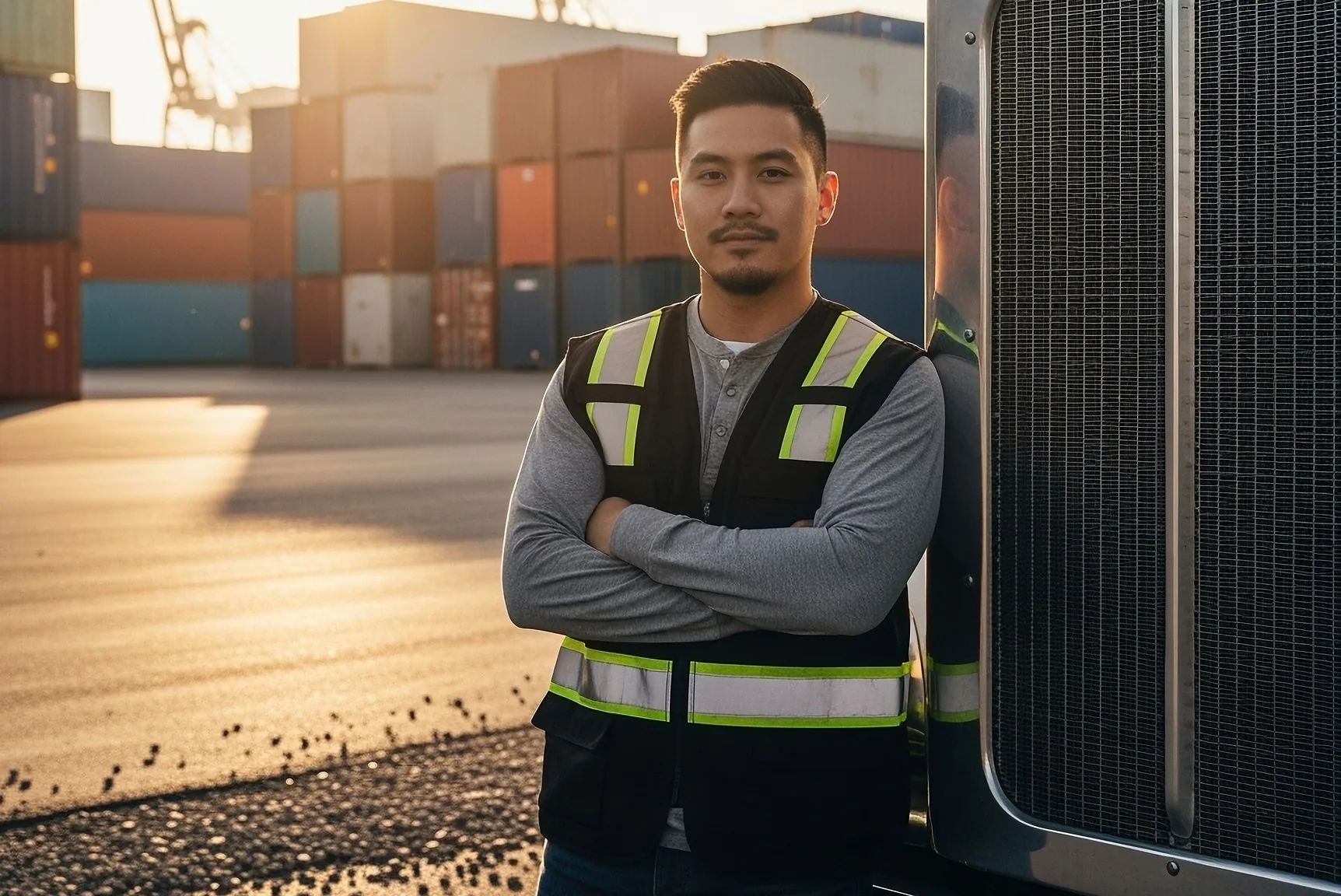 Truck driver in a high-visibility vest standing beside the front of a tractor unit in a container yard at sunrise