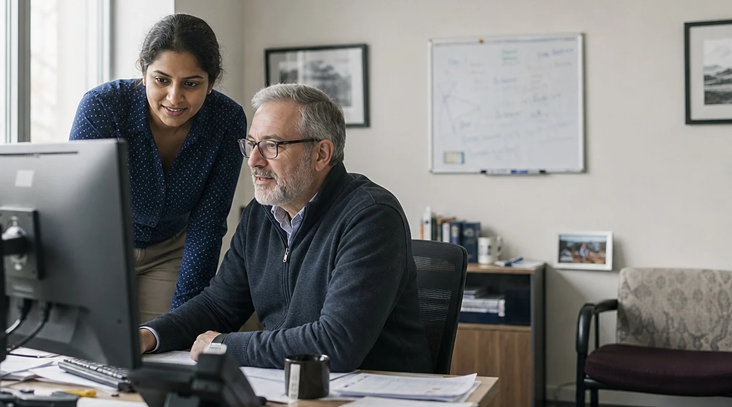 Two colleagues reviewing work together at a computer in a daylit office