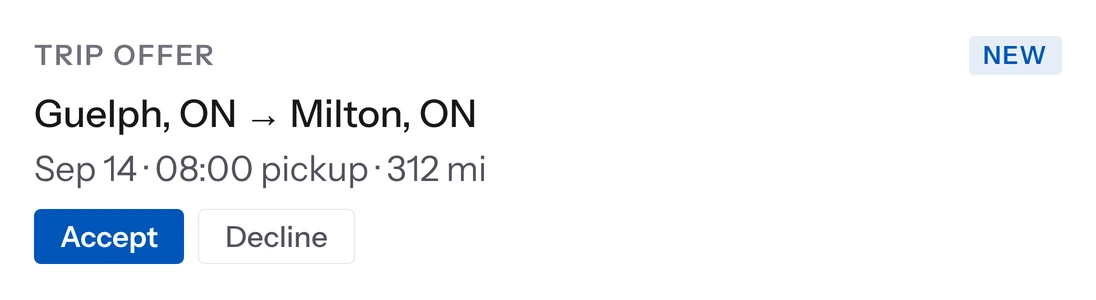 TransPlus Connect trip offer: Guelph, ON to Milton, ON, Sep 14 pickup at 08:00, 312 miles, with Accept and Decline buttons