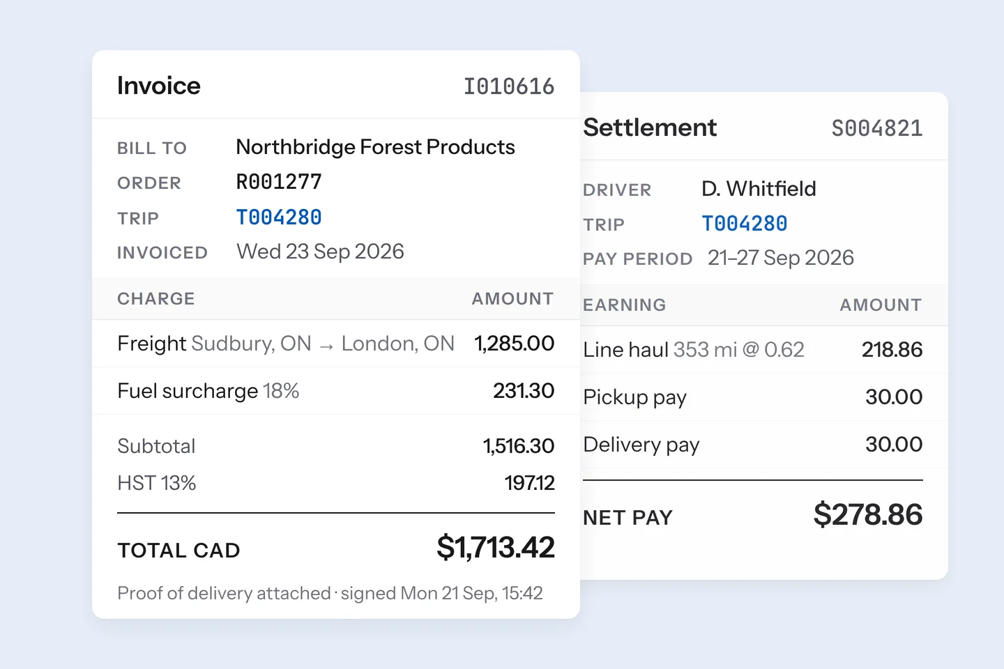 TransPlus invoice and settlement screen used for trucking accounting