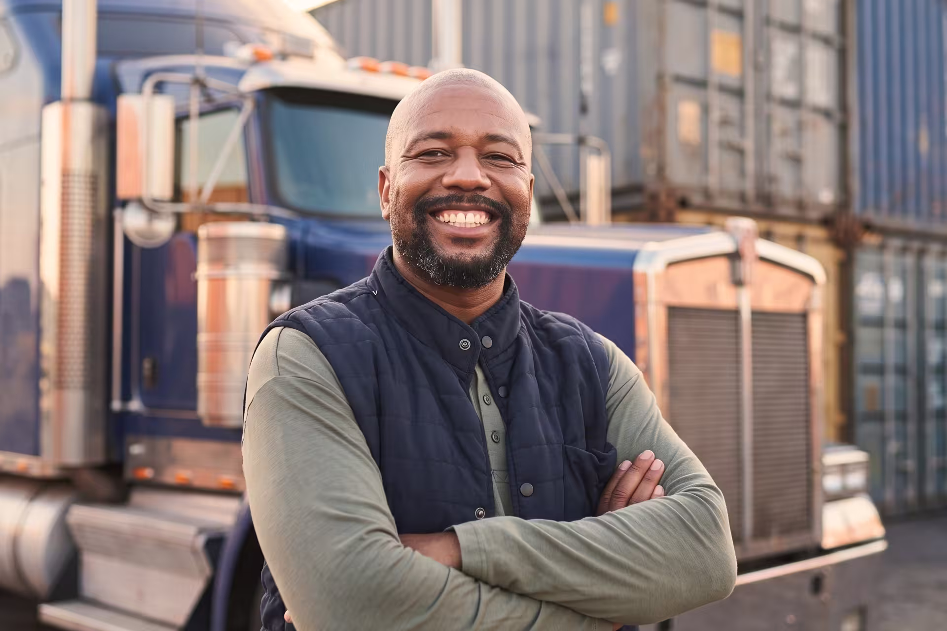 Smiling driver standing arms crossed in front of his semi-truck and shipping containers