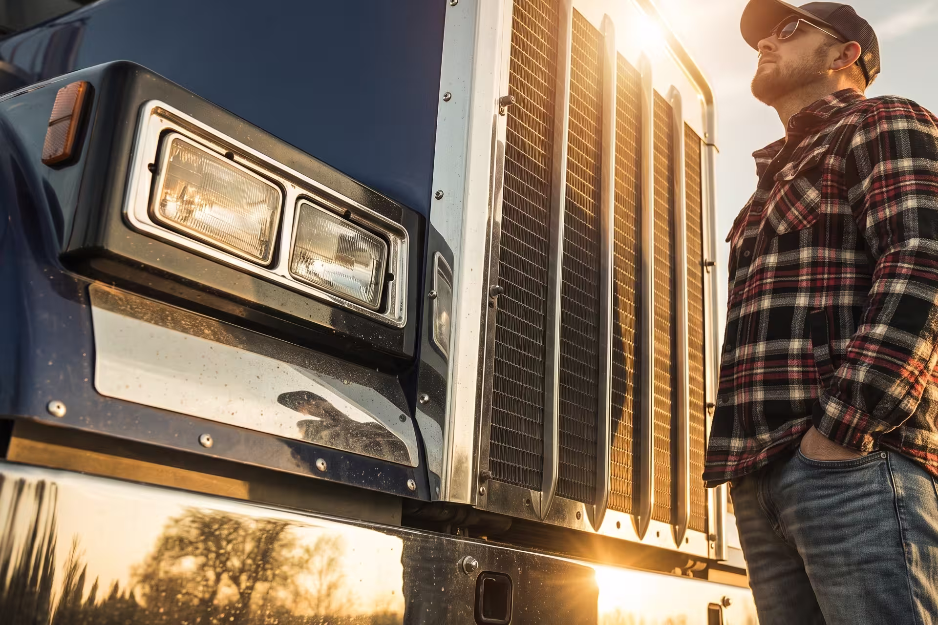 Driver standing beside his semi-truck's grille and headlight in late-day sun