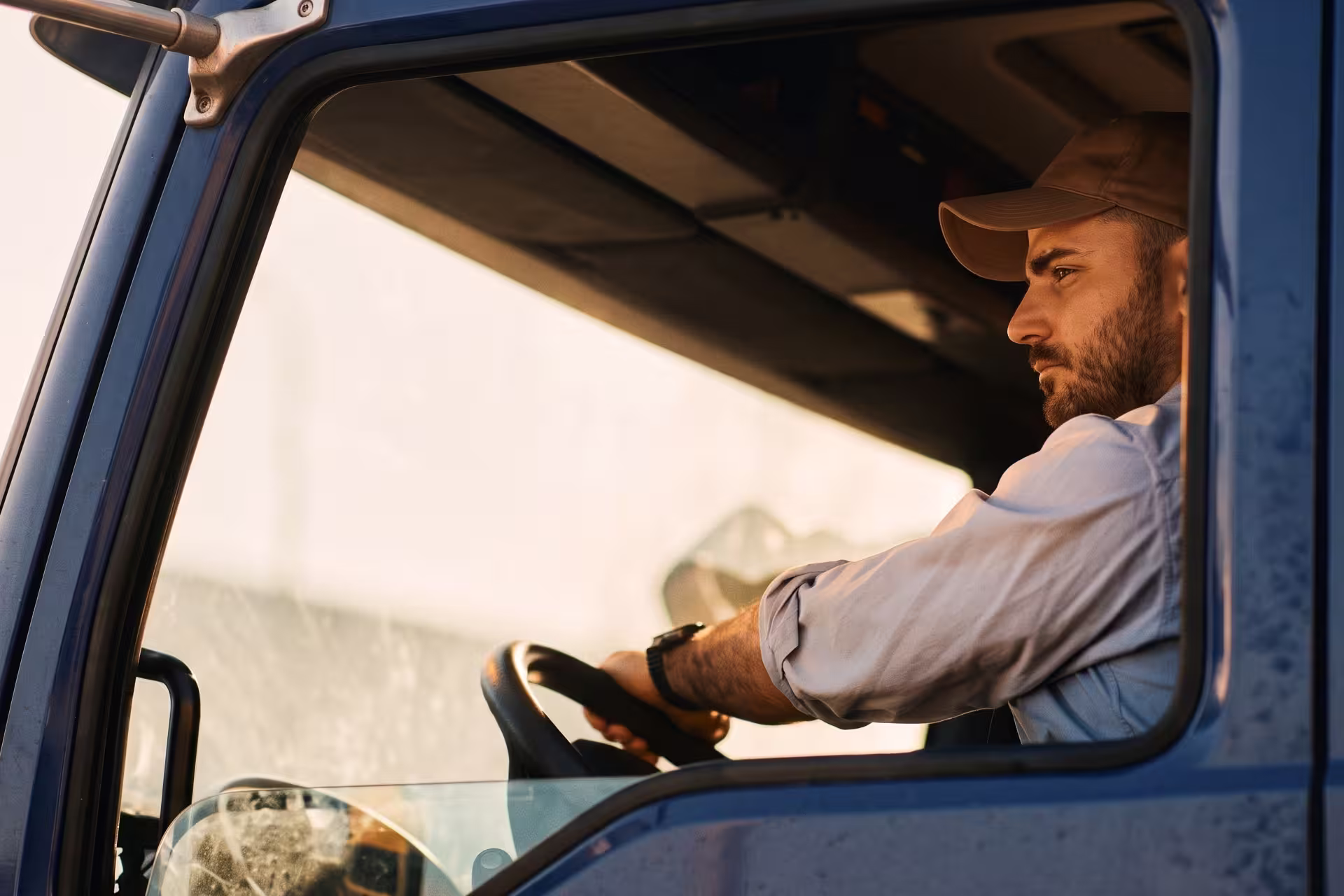 Truck driver glancing out the side window while driving