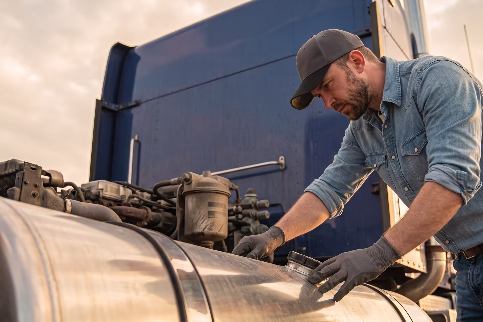 Technician in work gloves inspecting a semi-truck's fuel tank and engine components