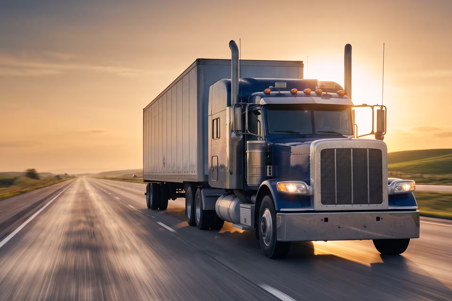 Semi-truck with trailer driving on a highway through green hills at sunset