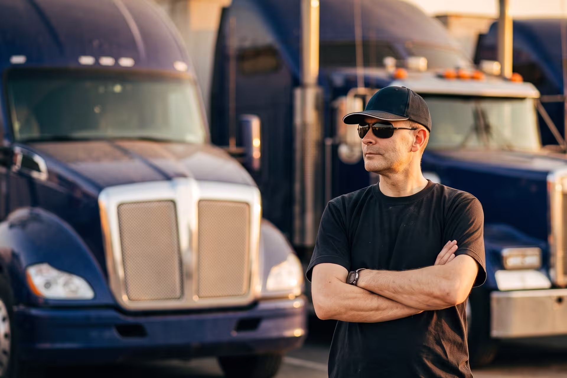 Truck driver in sunglasses standing arms crossed in front of parked semi-trucks