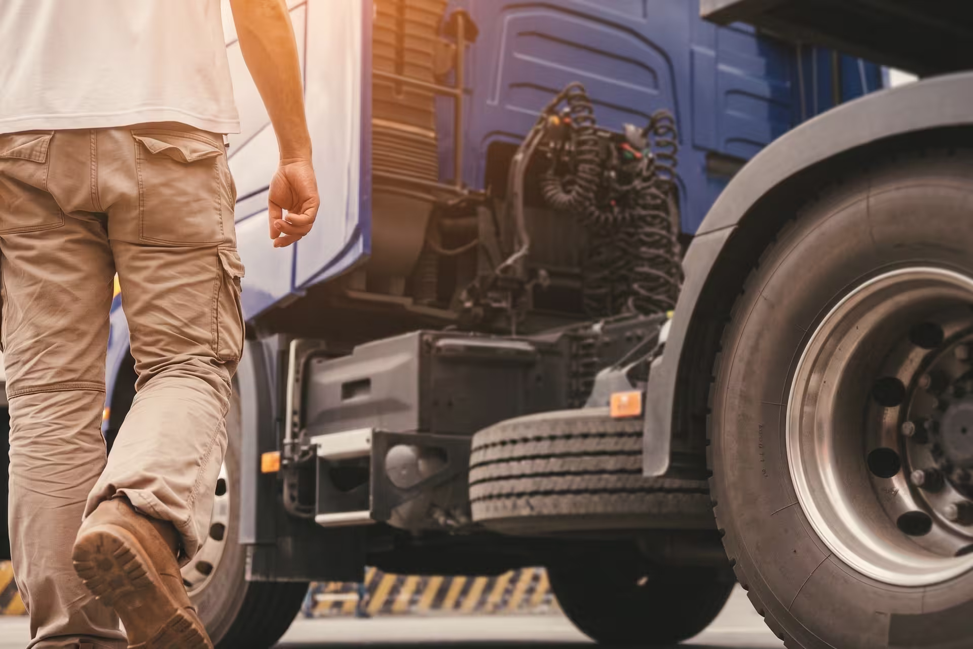Technician inspecting the engine and chassis underneath a semi-truck