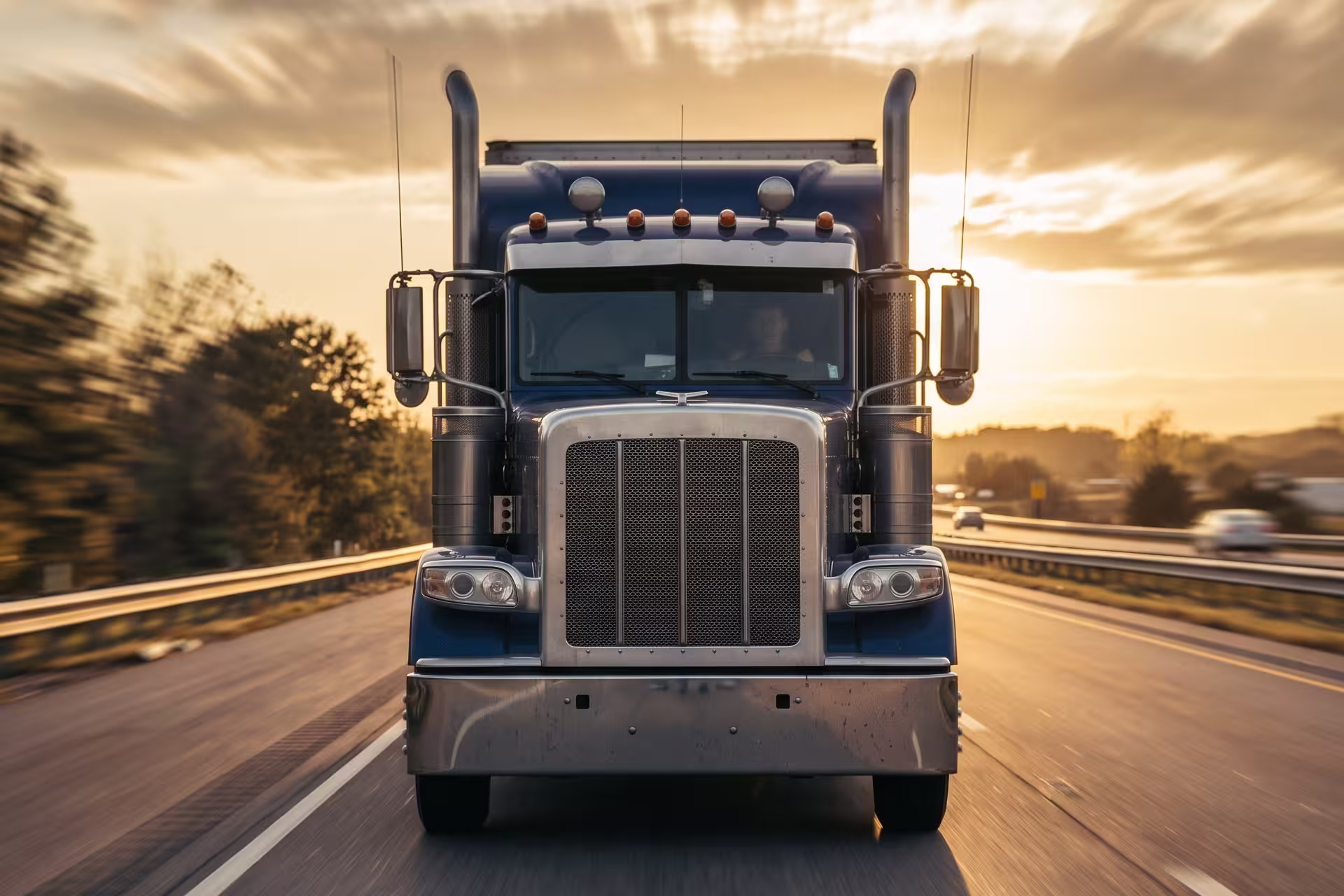 Front view of a semi-truck driving on the highway at sunset