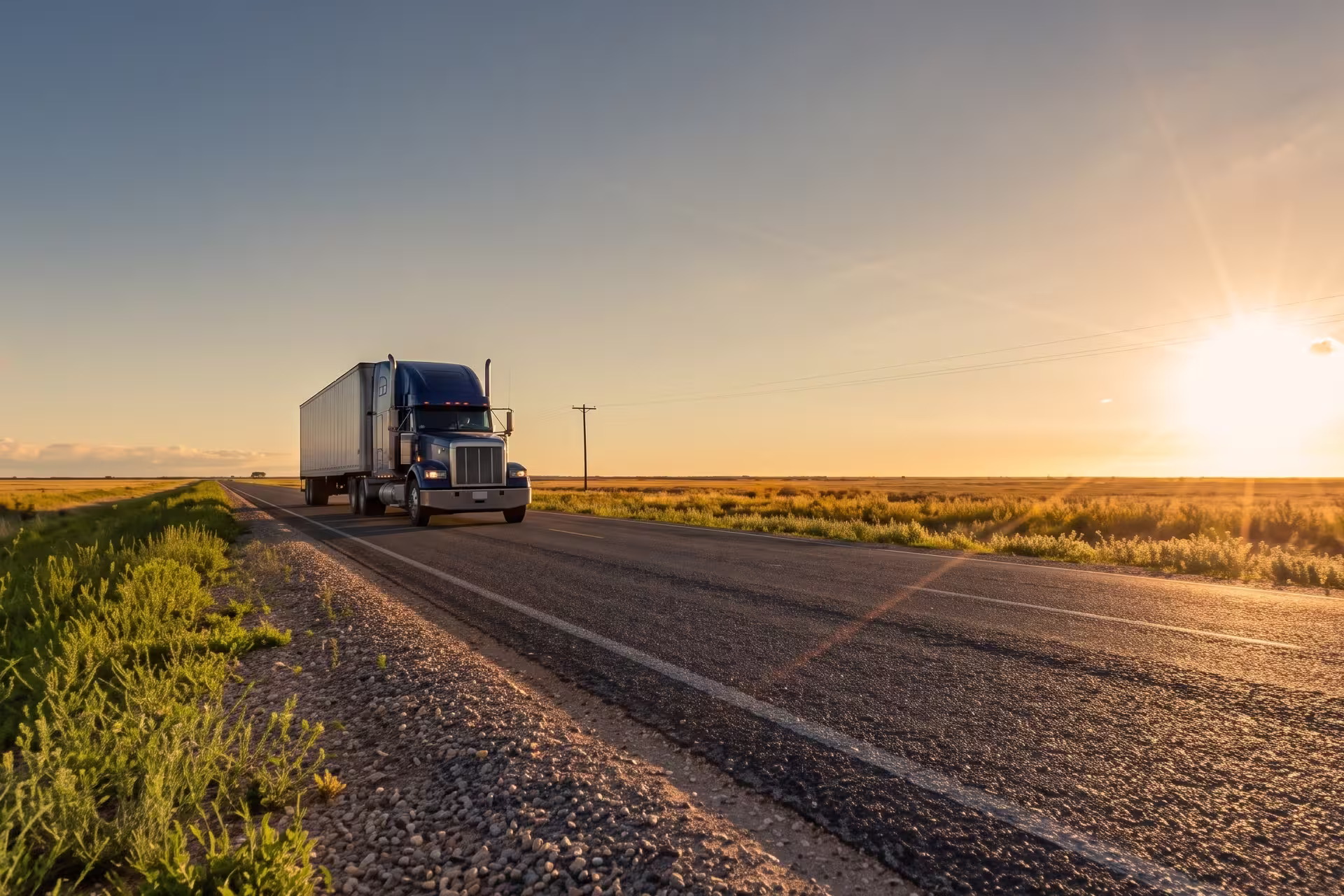 Semi-truck with trailer driving on an open highway through flat farmland at sunset