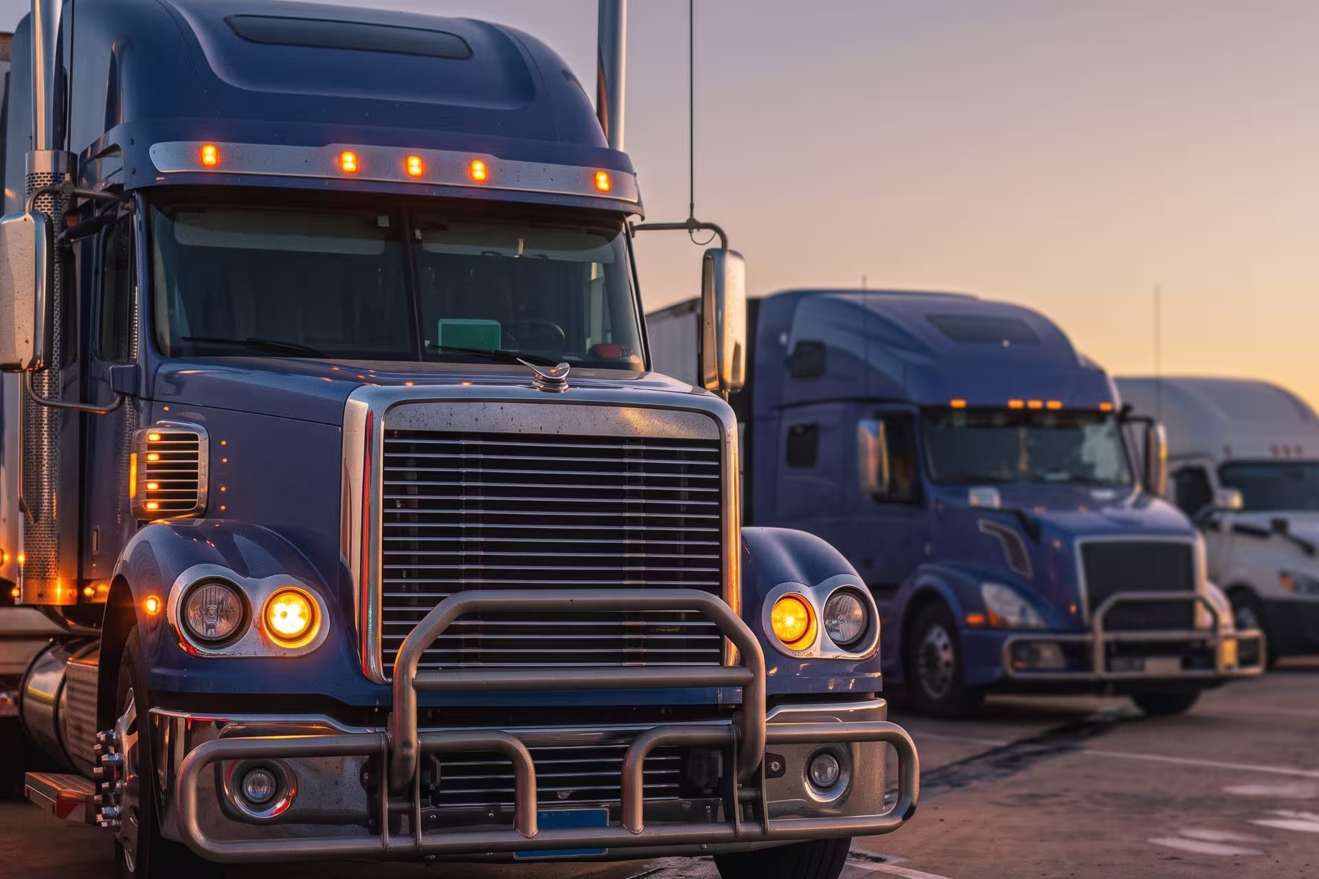 Close-up front view of semi-trucks parked in a fleet lot at dusk