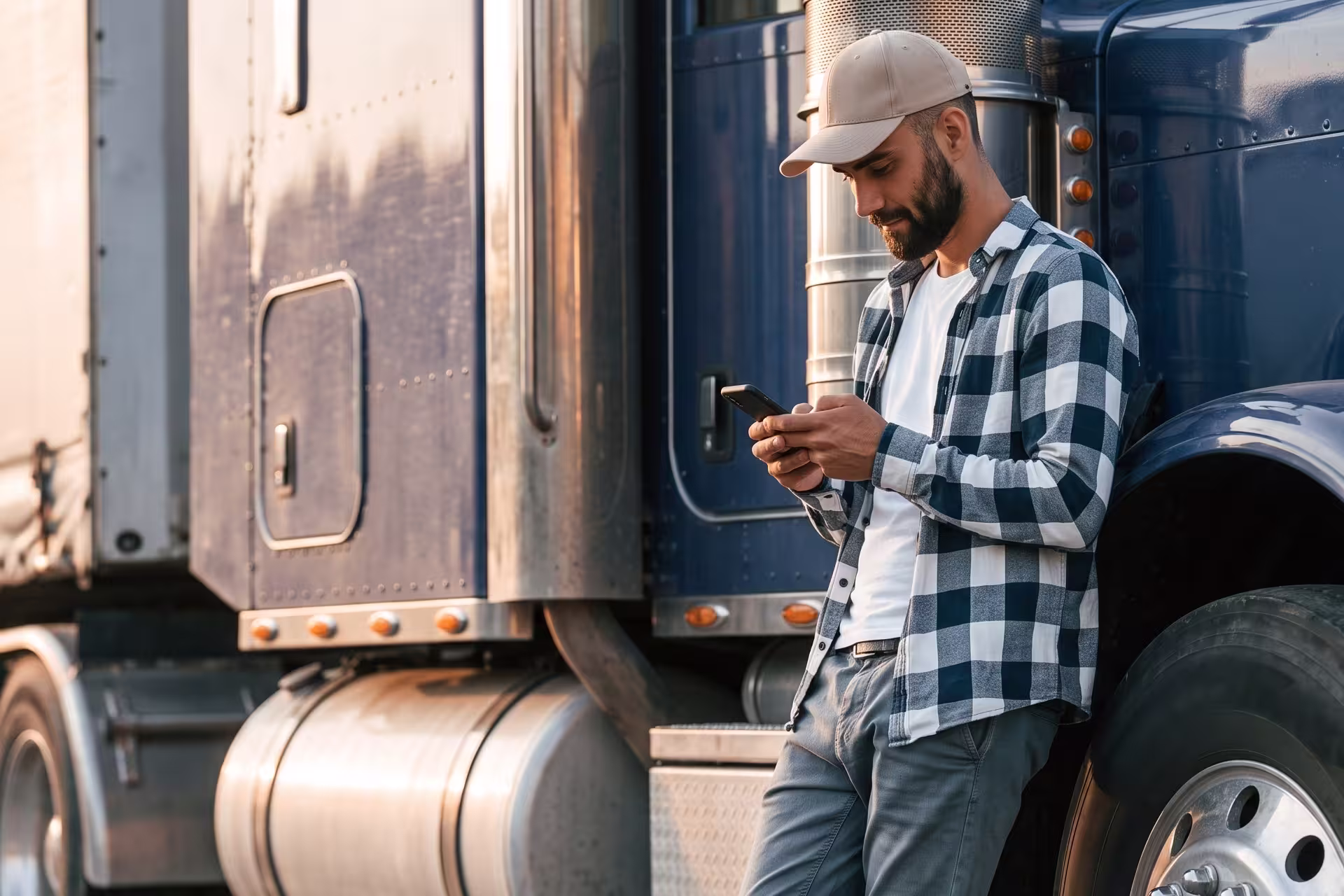 Truck driver leaning against his rig checking a smartphone