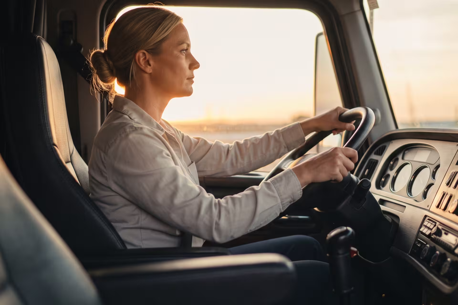 Woman driving a semi-truck, viewed from inside the cab at sunset