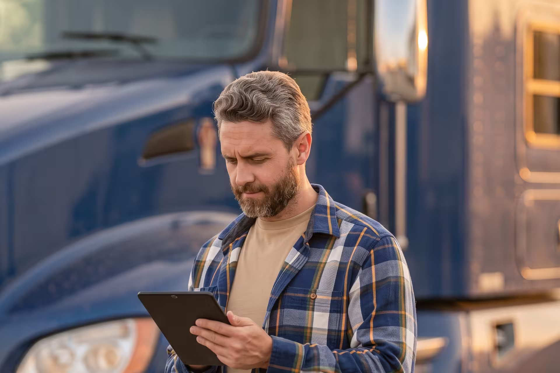 Truck driver reviewing a tablet in front of his parked semi-truck