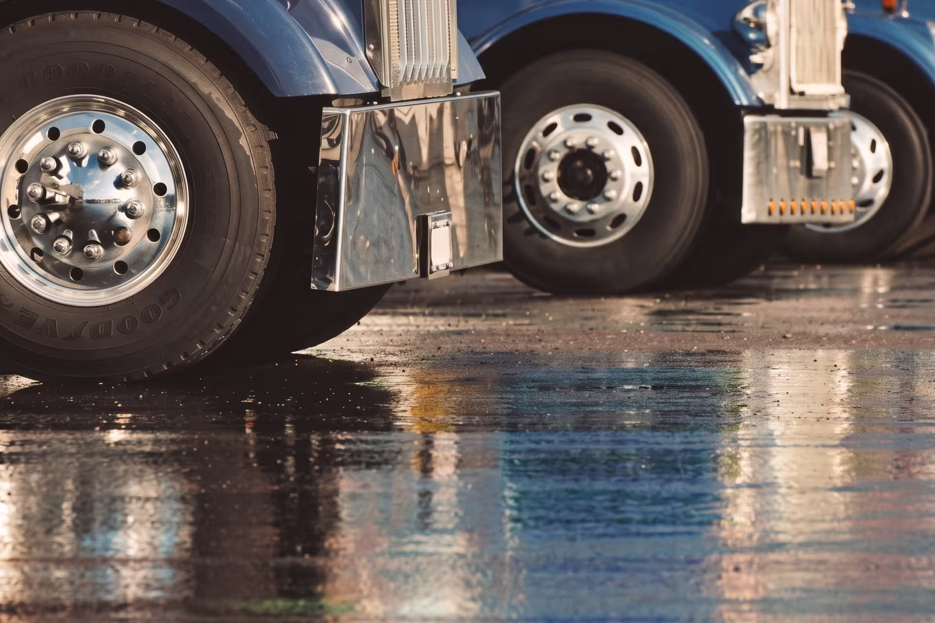 Close-up of chrome wheels and mud flaps on semi-trucks parked on wet pavement