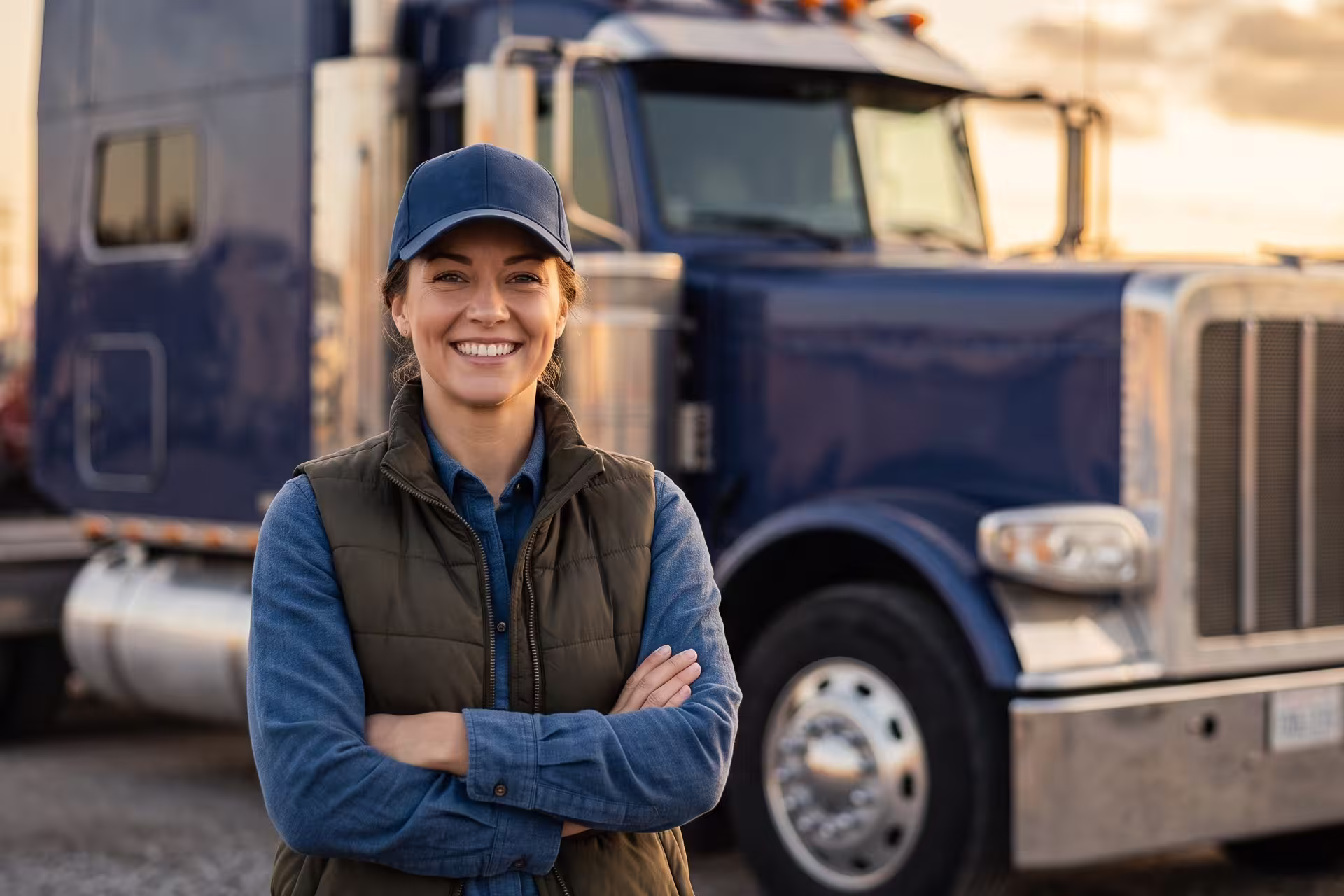 Smiling female truck driver standing arms crossed in front of her semi-truck