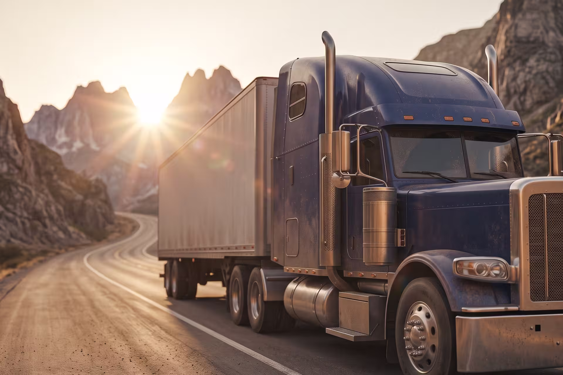 Semi-truck with trailer driving on a mountain highway at sunset