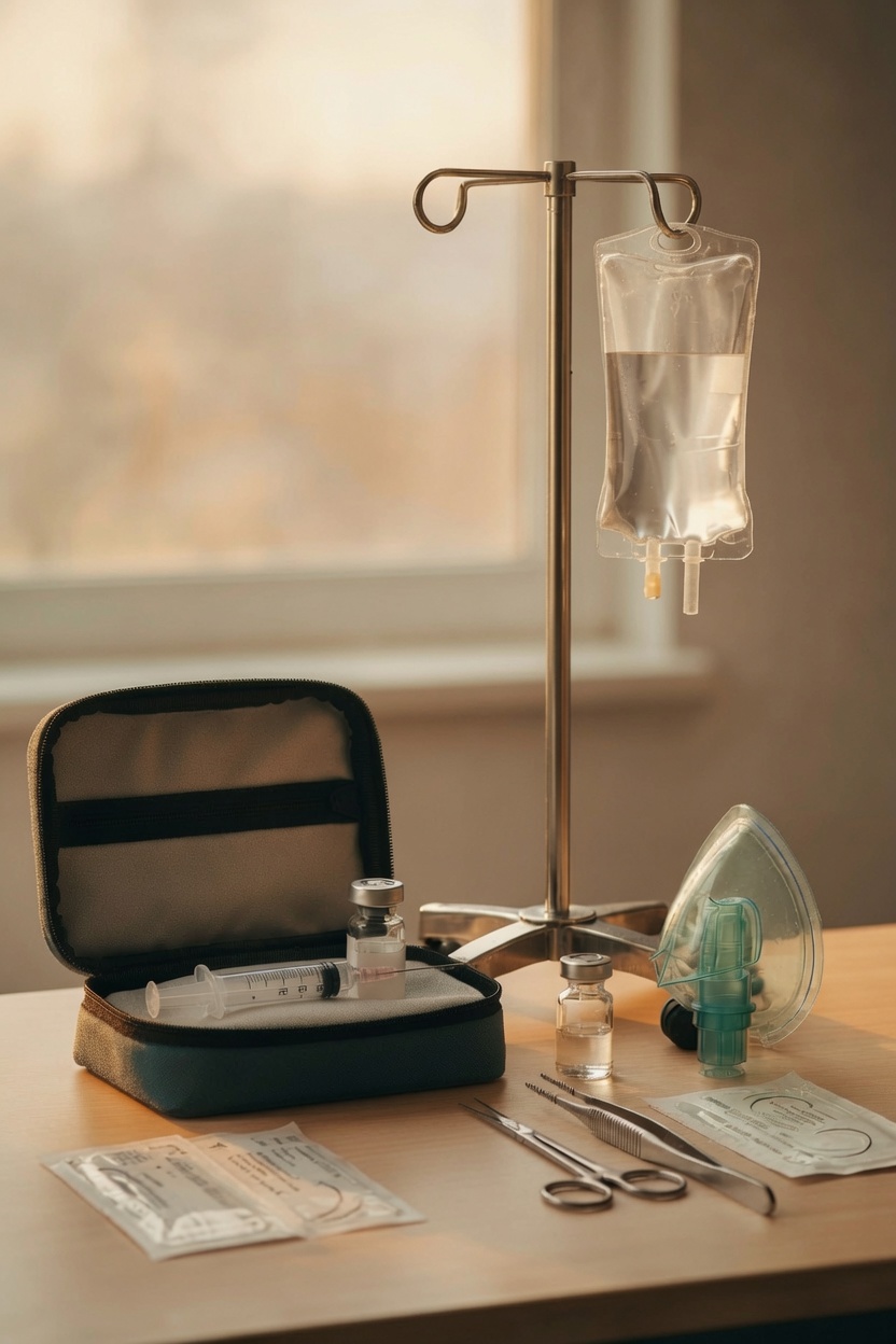 Medical supplies on table including IV bag on stand, syringe, vials, scissors, tweezers, nebulizer mask, and packaged tools.