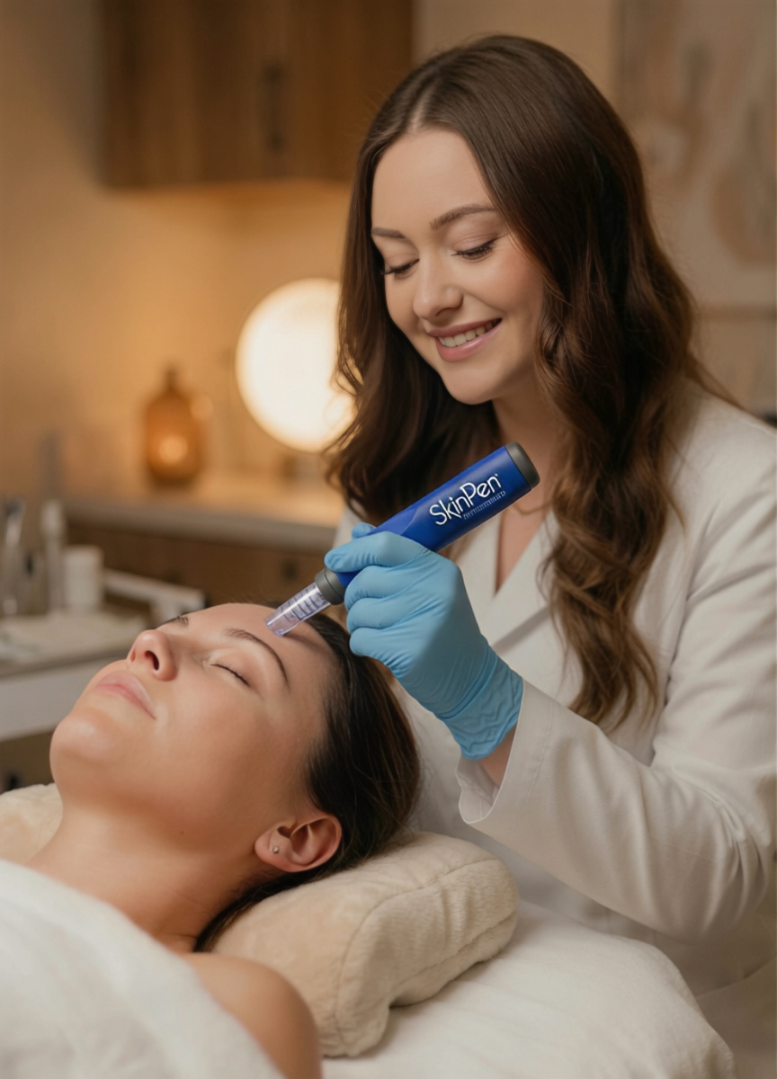 Alli Bascome, FNP-C wearing gloves uses a SkinPen device on a relaxed client's forehead in a spa setting.