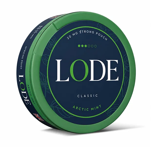 Round green and navy LODE Arctic Mint 20 mg strong pouch container with classic flavor label.