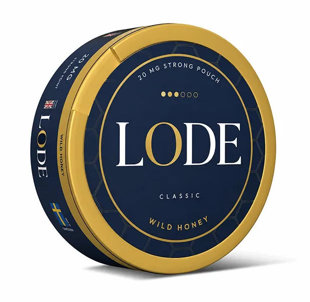 Round LODE Classic Wild Honey 20 mg strong pouch container with navy blue and gold design.