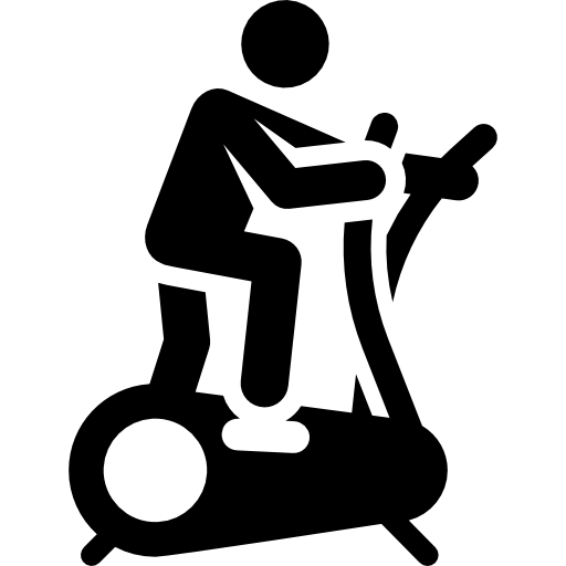 Black silhouette icon of a person riding a stationary exercise bike.