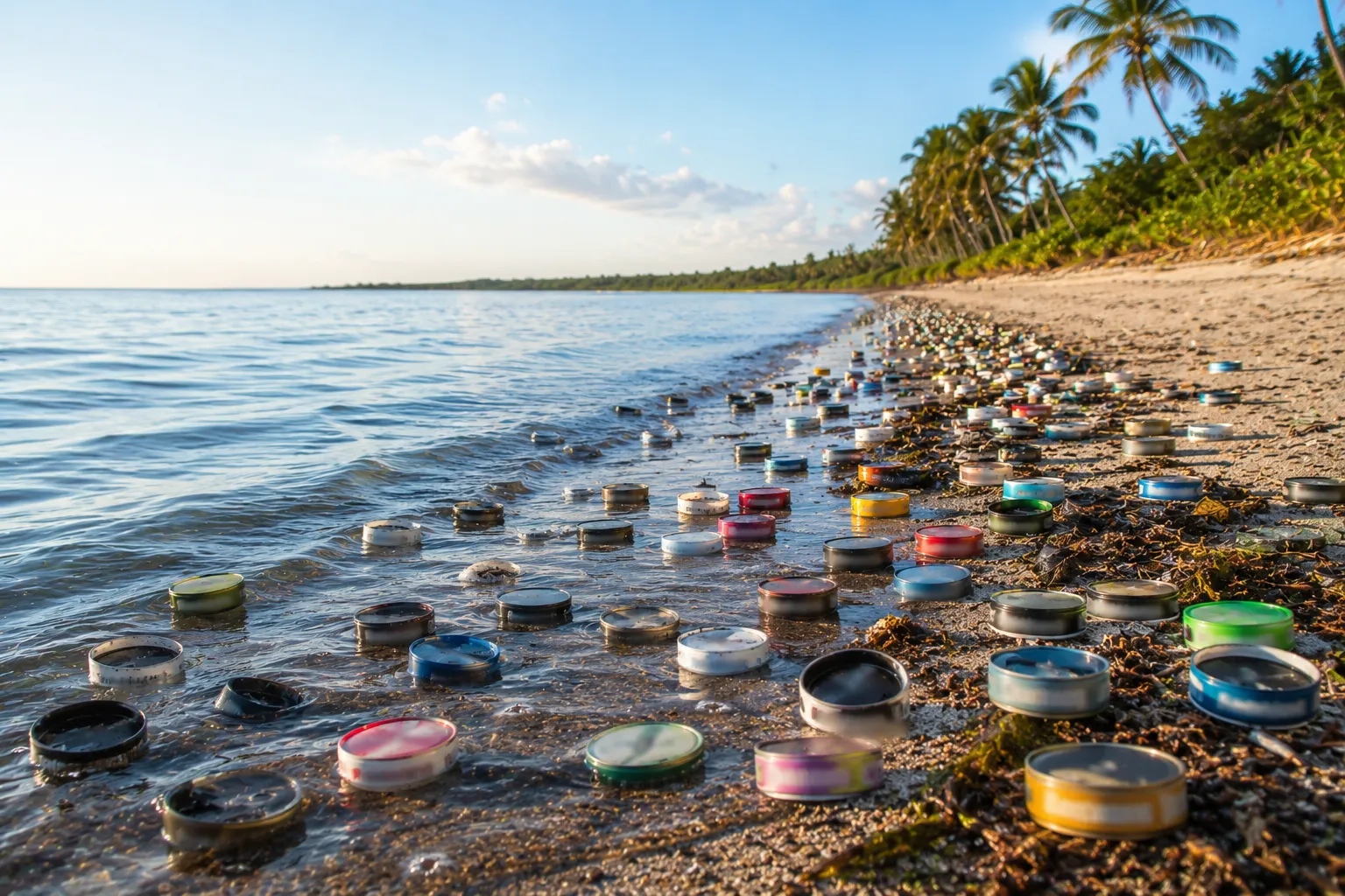 Beach littered with numerous colorful used candle tins along palm tree shoreline at sunset.