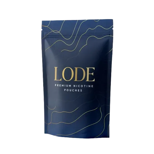 Blue package labeled LODE Premium Nicotine Pouches with gold abstract wavy lines.