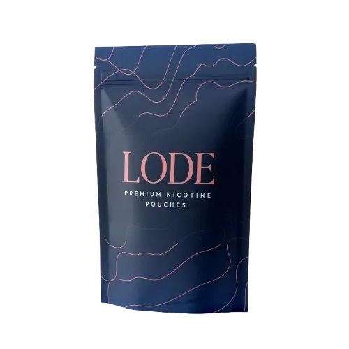 Blue package of LODE premium nicotine pouches with pink contour lines design.