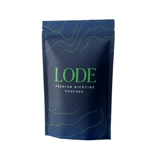 Dark blue resealable pouch with green lines labeled LODE premium nicotine pouches.