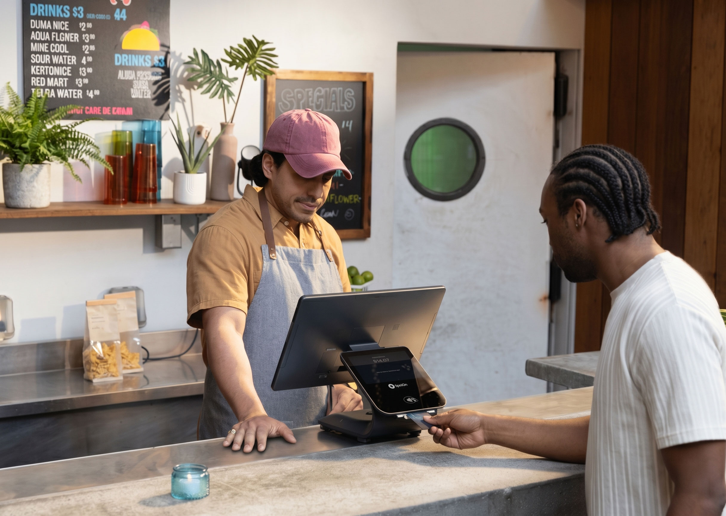 Man in apron and cap operating register as customer in white shirt pays with credit card.