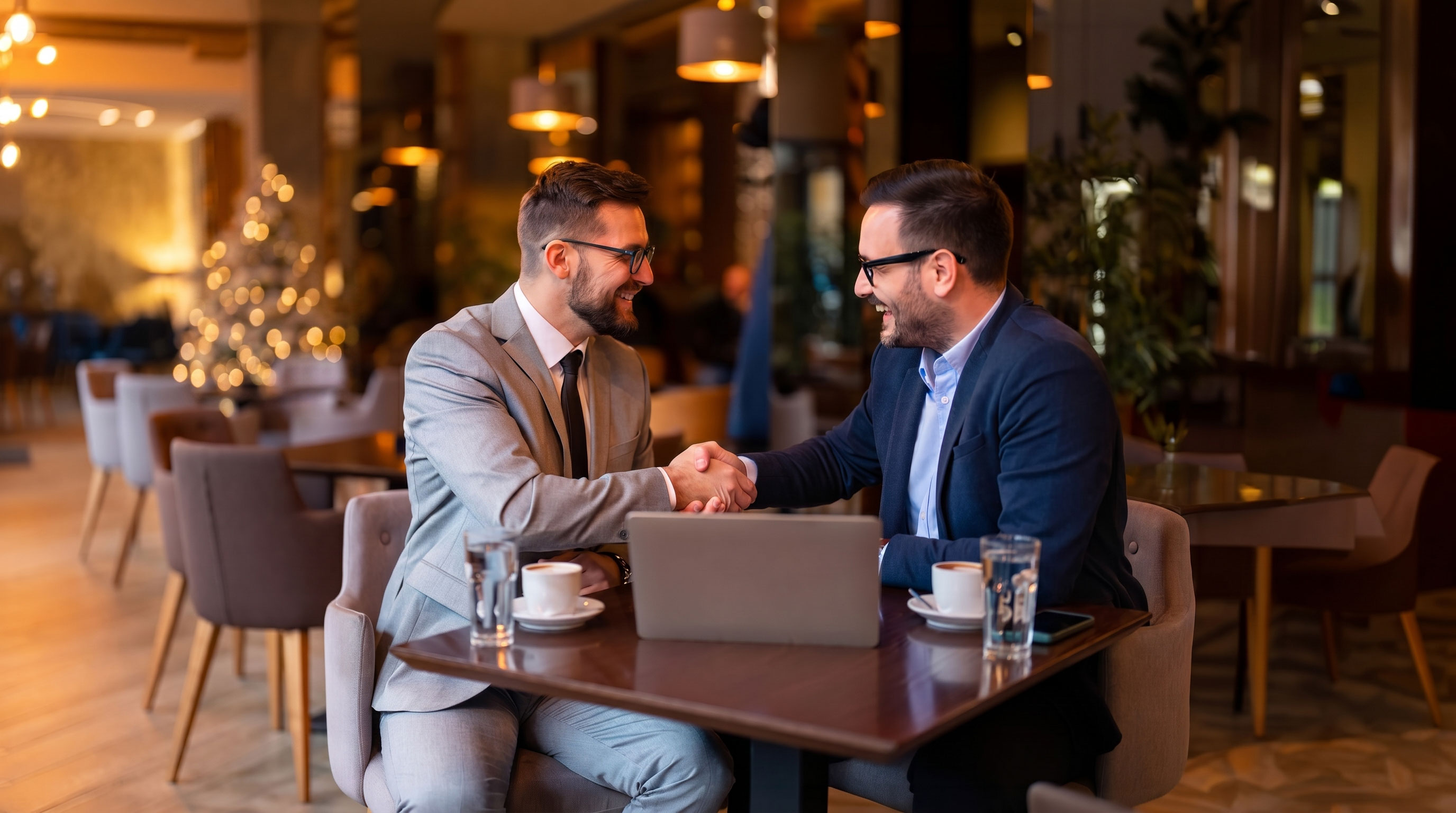Two men in suits shaking hands across a table with a laptop, coffee, and water glasses in a cafe.