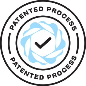 Circular badge with a check mark in the center and the words 'Patented Process' around it.