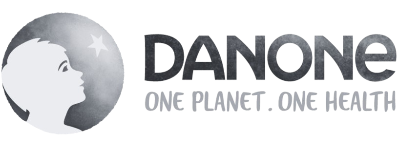 Danone logo with a child's profile facing a star and the text 'ONE PLANET . ONE HEALTH'.
