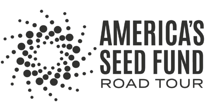 Dark circle pattern swirling next to bold text reading America's Seed Fund Road Tour.